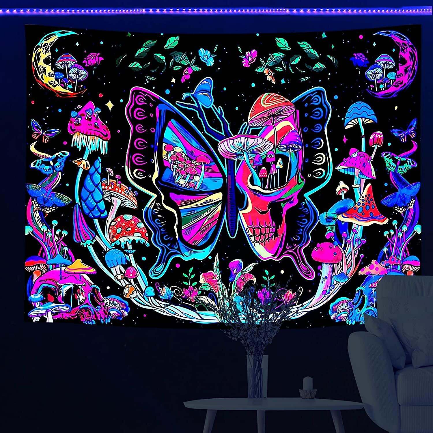 Blacklight Tapestry UV Reactive Trippy Butterfly Mushroom Plants