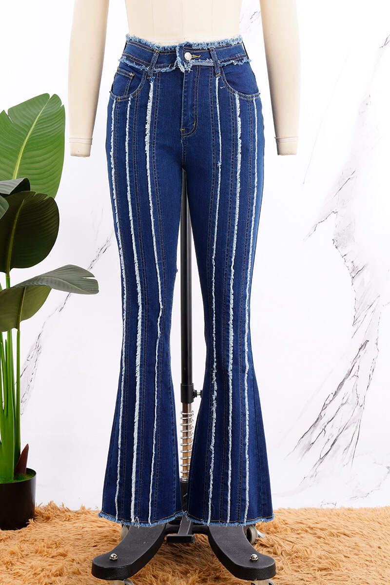 Deep Blue Casual Solid Patchwork High Waist Regular Denim Jeans