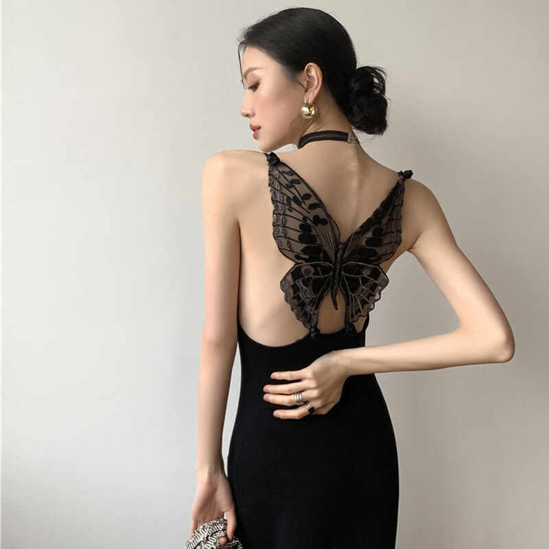 Embroidered Butterfly Black Sling Dress