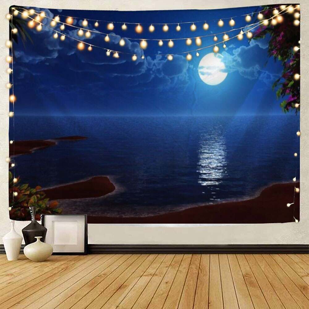 Moon Sea Sky Wall Tapestry Art Decor Landscape Full Night Ocean Cloud