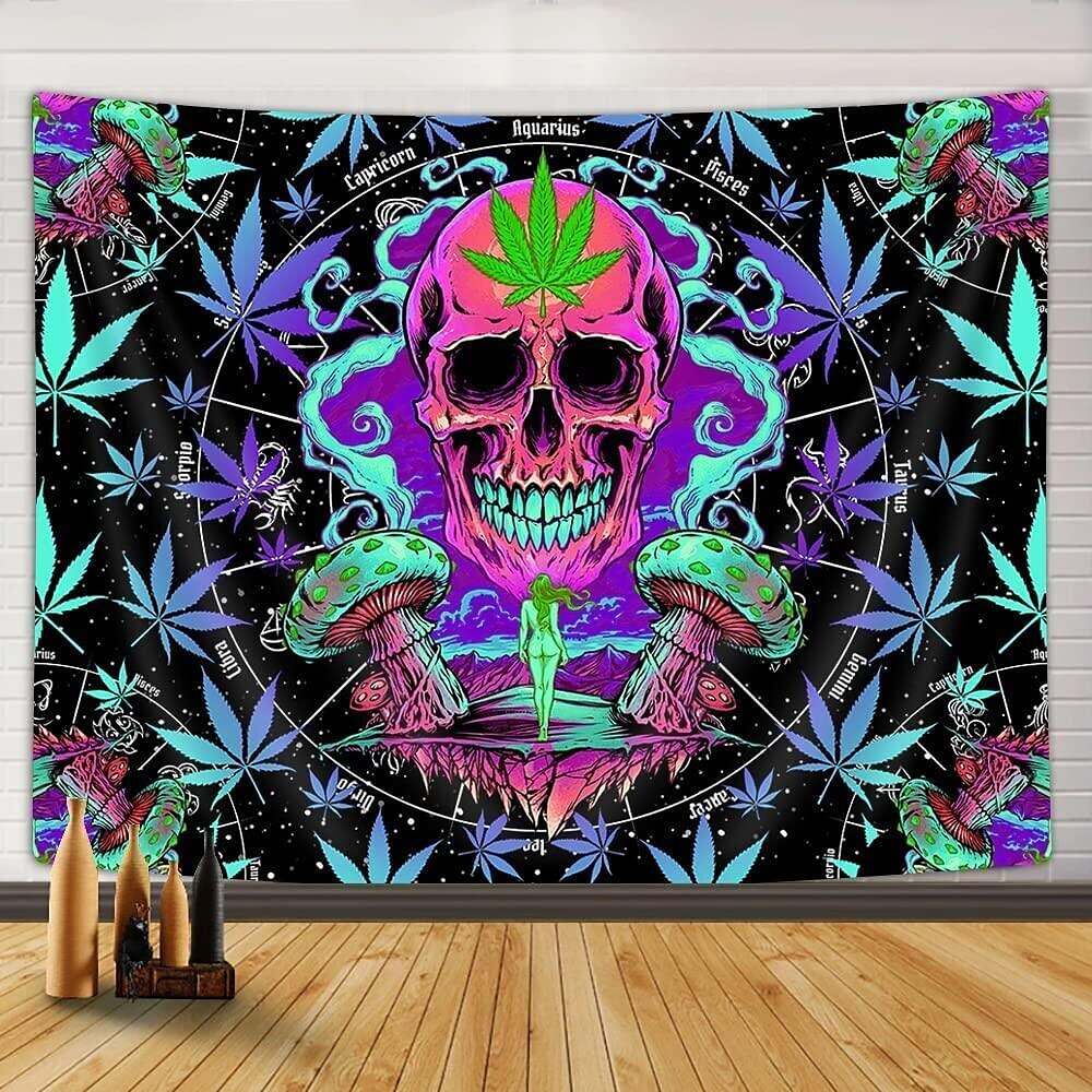 Blacklight Tapestry UV Reactive Trippy Misty Skull Weed