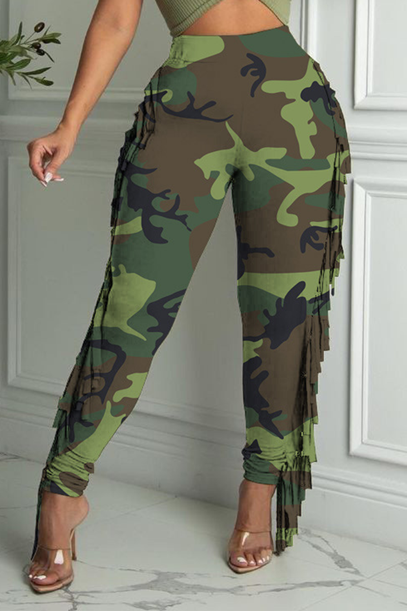 Camouflage Sexy Solid Tassel Skinny High Waist Pencil Solid Color Bottoms