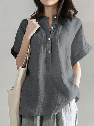 Women Blouses & Shirts | Solid Button Stand Collar Short Sleeve Loose Casual Blouse - CA67352