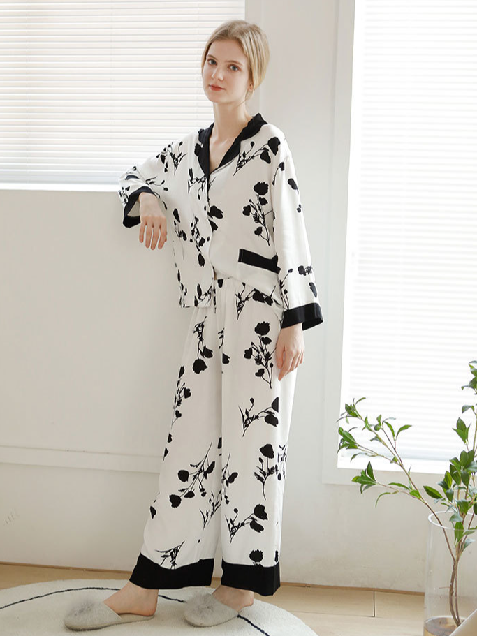 Loose Casual Floral Pattern V Neck Long Sleeve Pajama Set