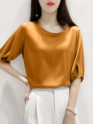 Women Blouses & Shirts | Satin Solid Half Sleeve Crew Neck Women Blouse - XQ99822