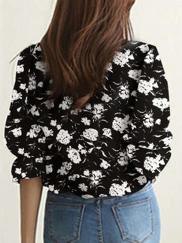 Women Blouses & Shirts | Random Allover Floral Print Crew Neck 3/4 Sleeve Blouse - KX82842