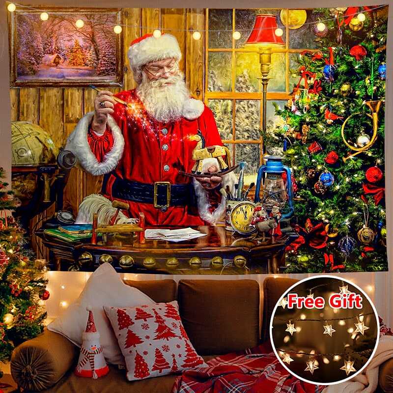 Christmas Decor LED Lights Wall Tapestry Santa Claus Christmas Tree Print