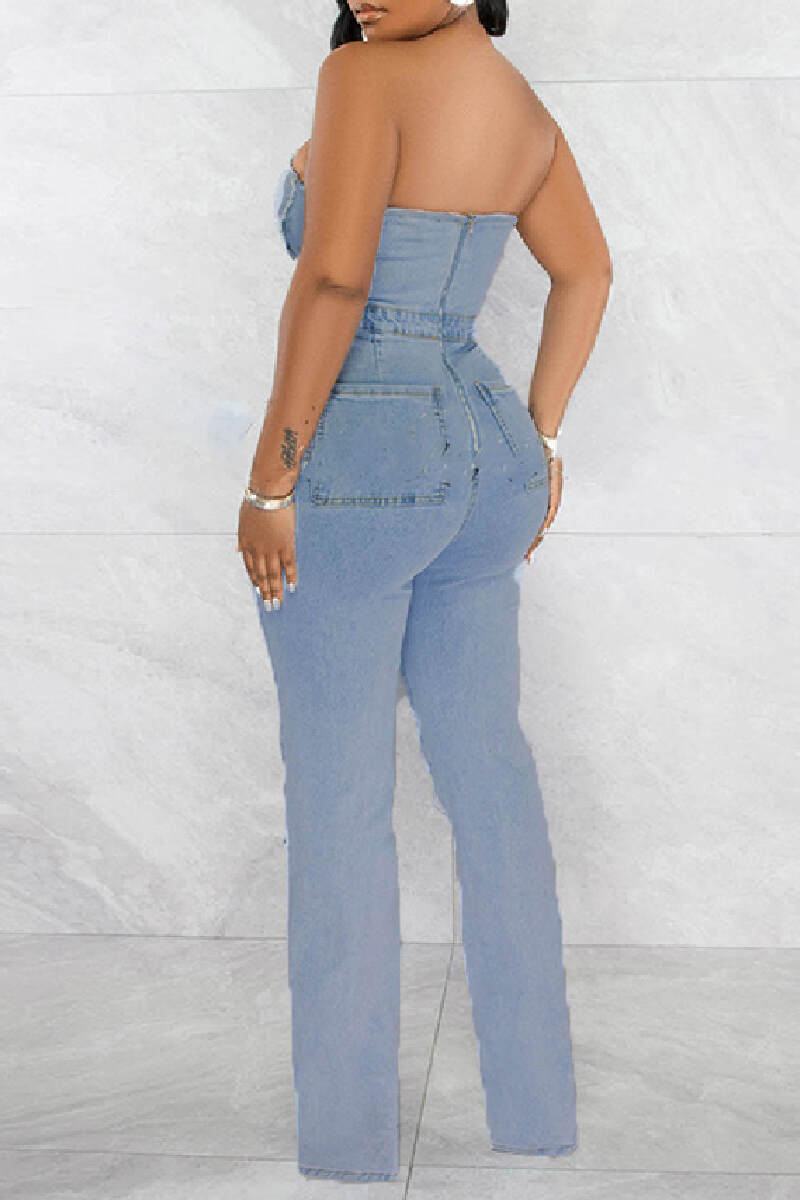 Blue Casual Solid Backless Strapless Sleeveless High Waist Skinny Denim Jumpsuits