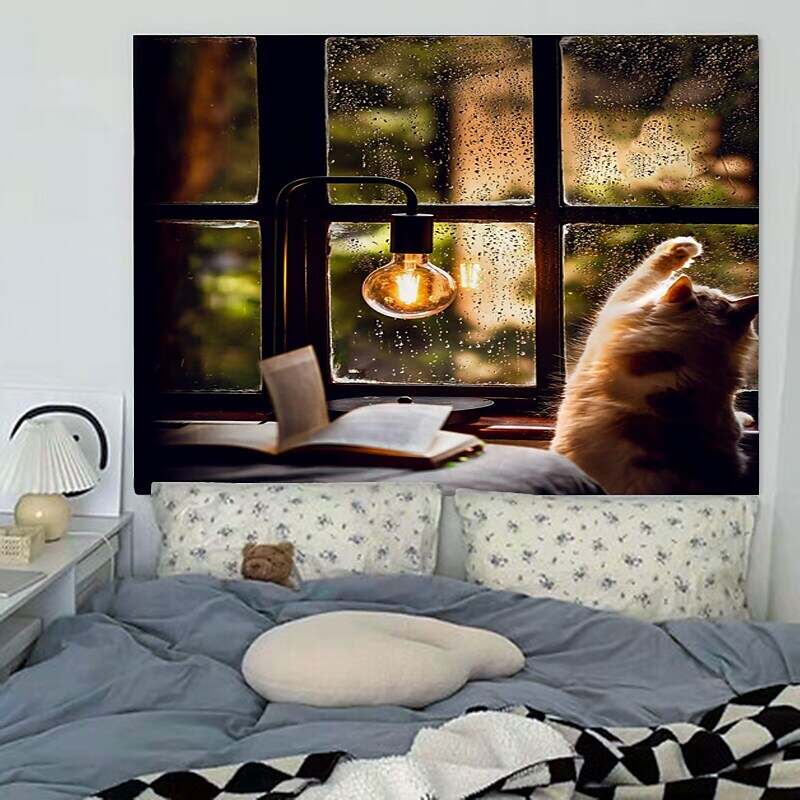 Cute Cat Natural Scenery Tapestry Art Decoration Curtain Hanging