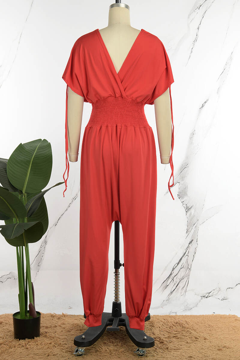 Red Casual Solid Patchwork Draw String V Neck Loose Jumpsuits