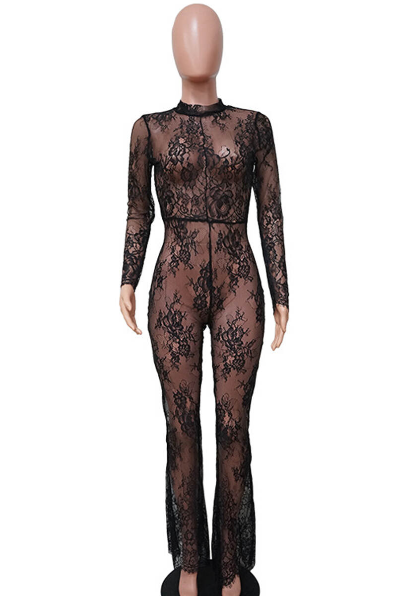 Black Sexy Solid Lace Patchwork O Neck Regular Jumpsuits