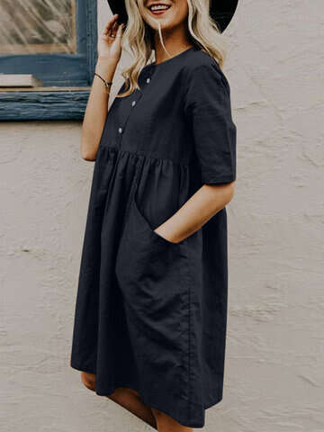 Women Casual Dresses | Solid Button Pocket Short Sleeve Casual Cotton Midi Dress - HV19260
