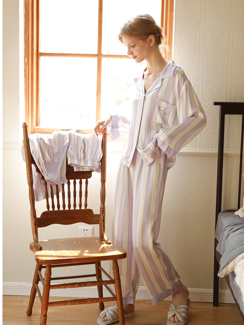 Simple Striped Shawl Collar Long Sleeve Pajama Set