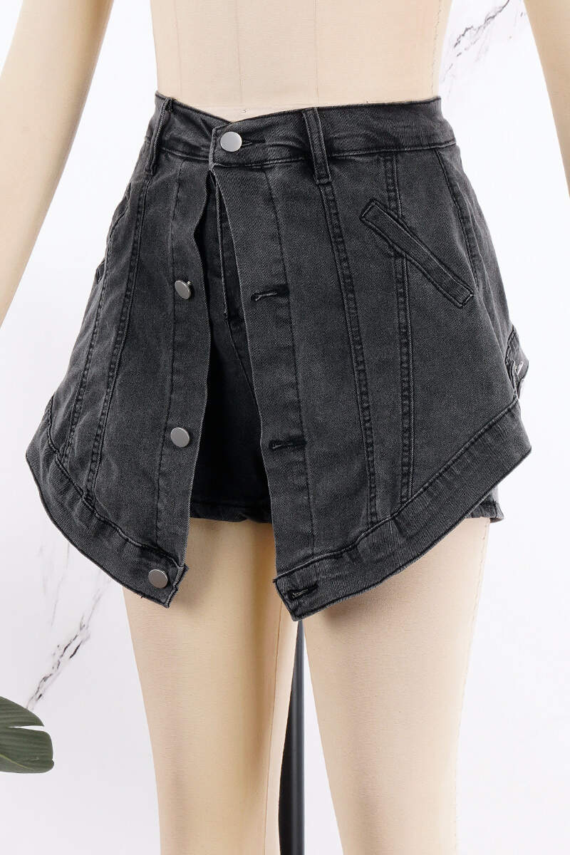 Black Street Solid Patchwork Buckle Zipper Mid Waist Denim Shorts