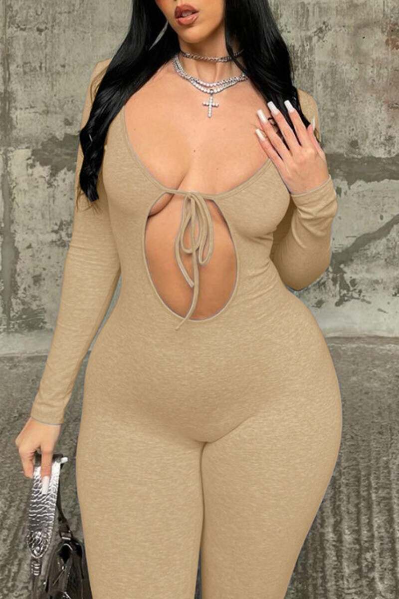 Khaki Sexy Casual Solid Hollowed Out Frenulum O Neck Skinny Jumpsuits