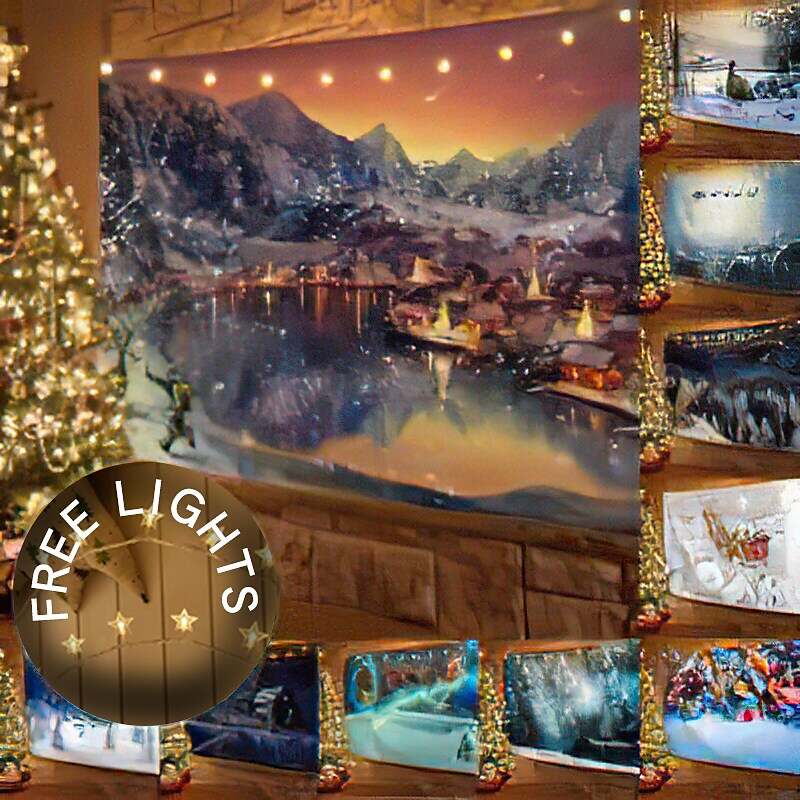 Christmas Decor LED Lights Wall Tapestry Snow Forest Christmas Tree Print