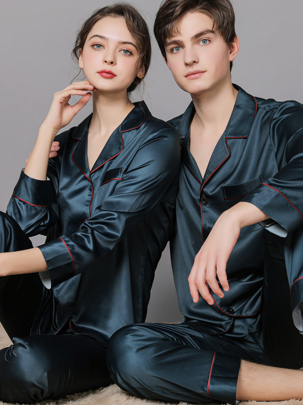 Ice Silk Plain Shawl Collar Casual Long Sleeve Couple Pajama Set