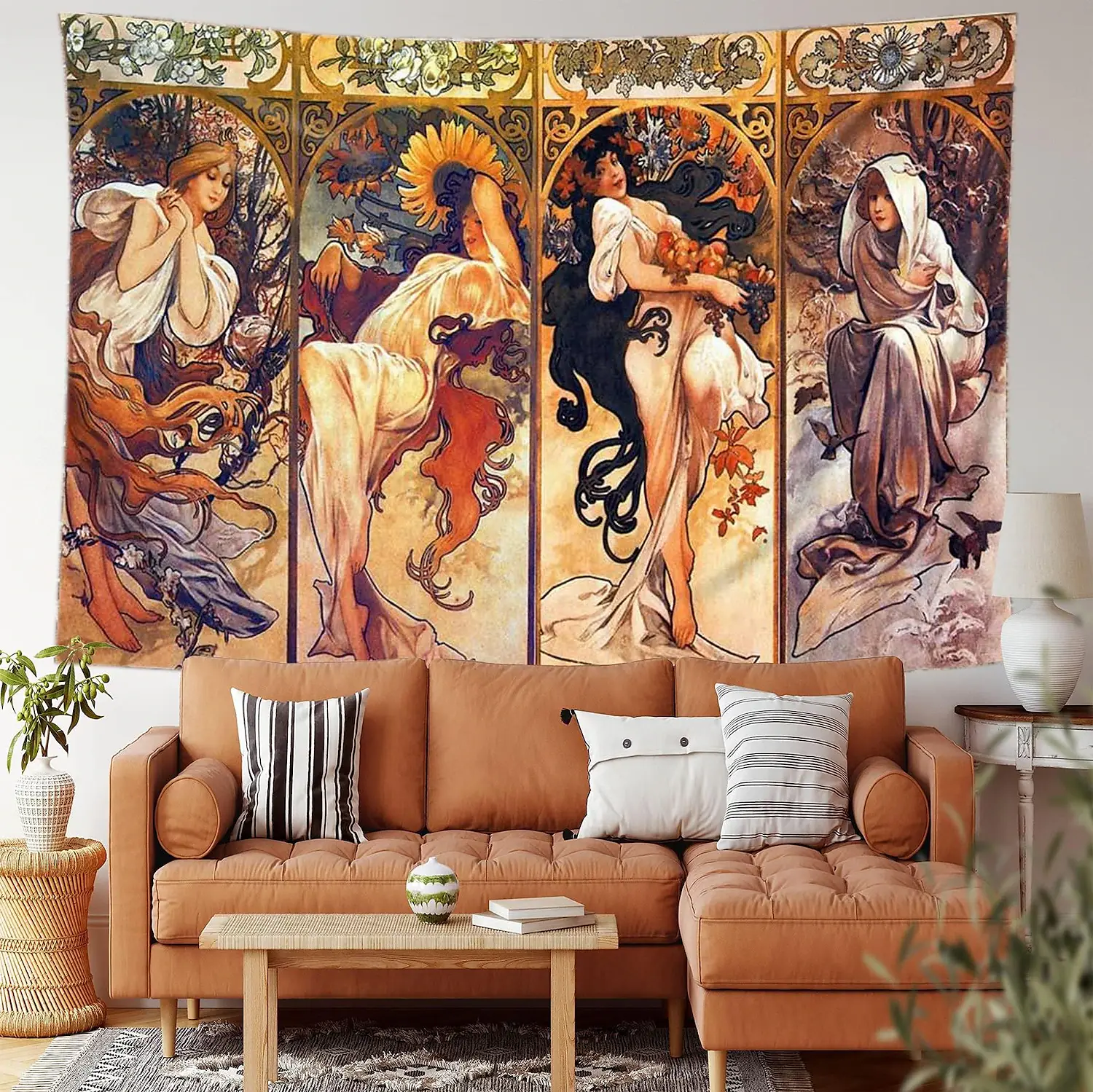 Alphonse Mucha Artwork Four Seasons Painting Tapestry Hanging Wall Art Decor