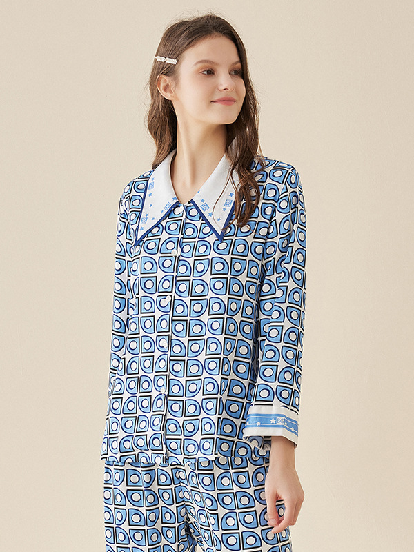 Geometric Print Ice Silk Couple Long Sleeve Pajamas Set