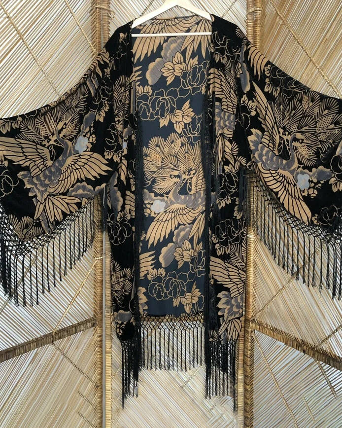 Mid-Length Kimono Fringed Velvet Cardigan Jacket