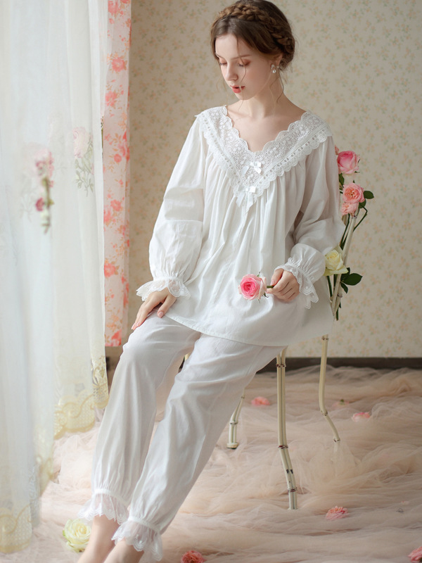 Elegant V Neck Loose Cotton Long Sleeve Pajama Set