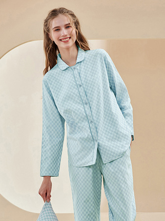 Cotton Shawl Collar Simple Regular LongSleeve Loose Couple Pajama Set