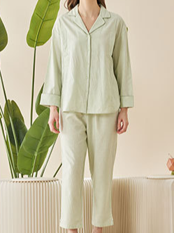 Casual Plain Regular Sleeve Shawl Collar Cotton Long Sleeve Pajama Set