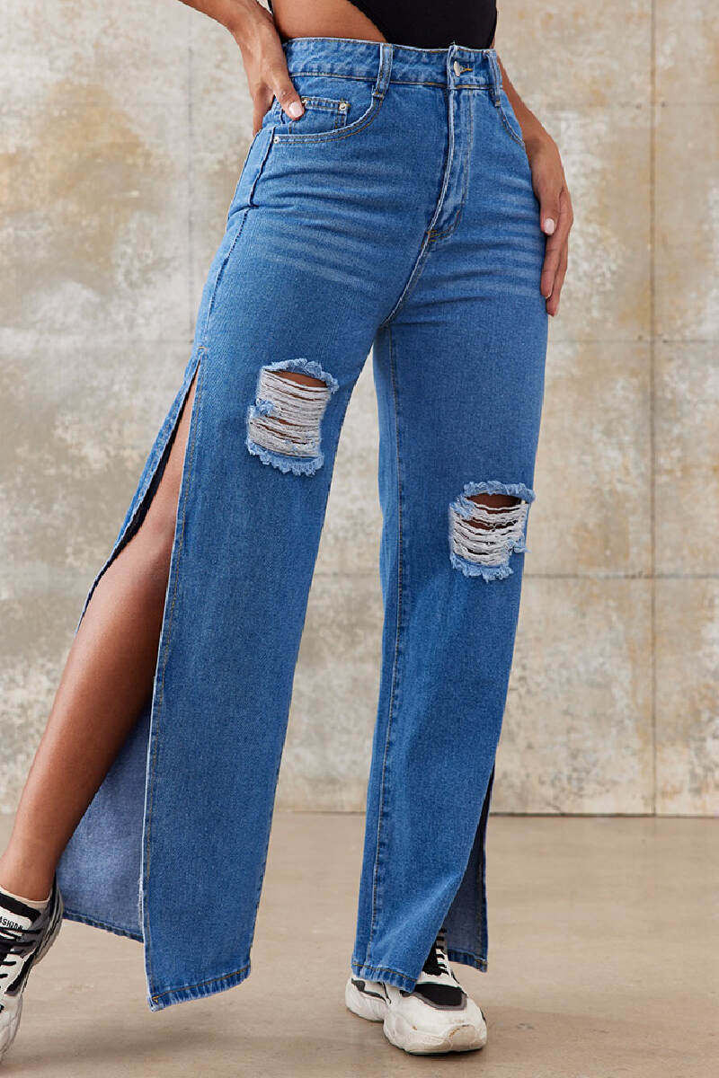 Medium Blue Casual Solid Ripped Slit High Waist Regular Denim Jeans