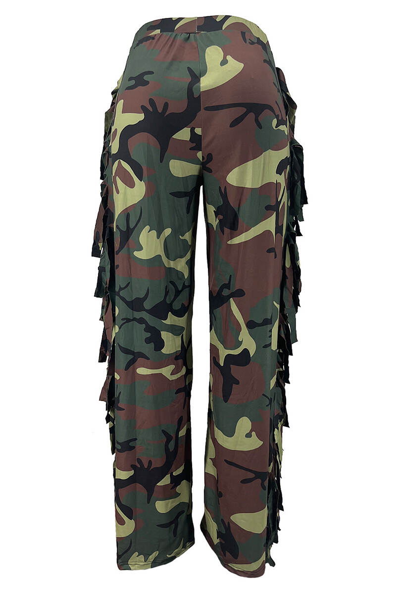 Camouflage Street Leopard Camouflage Print Tassel Patchwork Straight High Waist Straight Full Print Bottoms