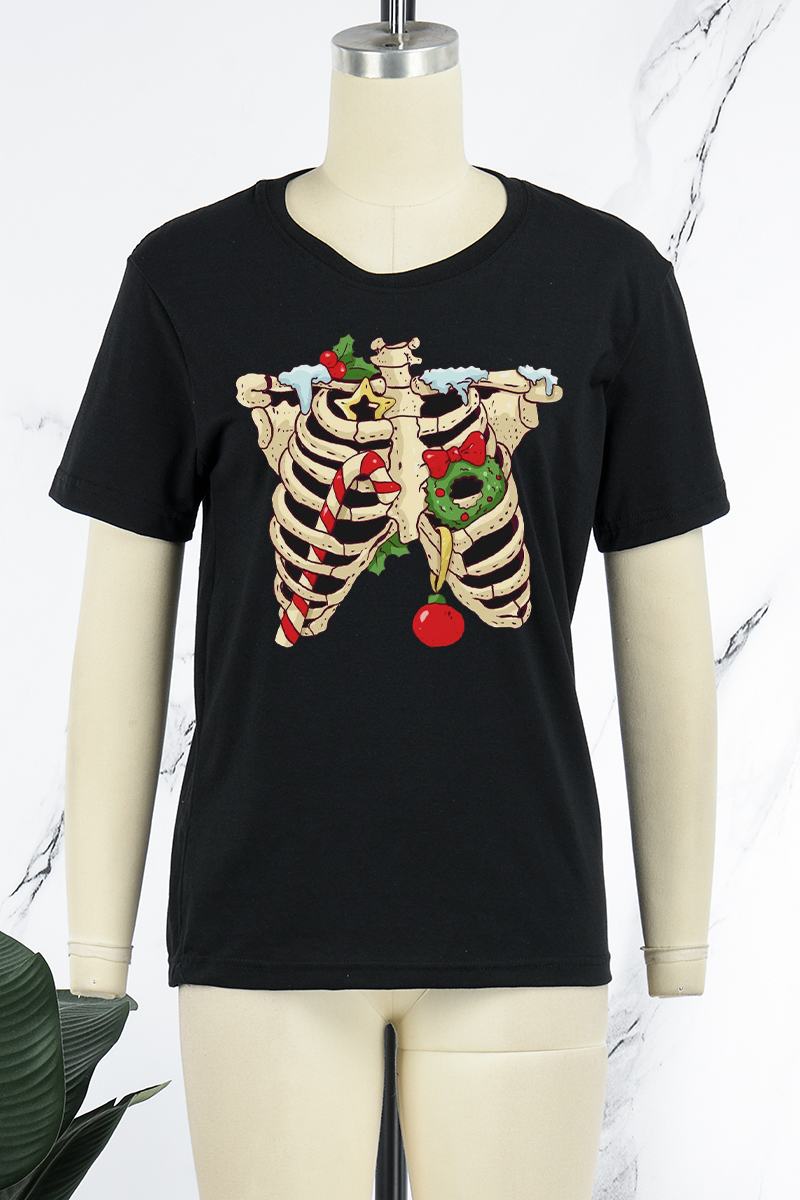 Black Street Vintage Print Skull Patchwork O Neck T-Shirts