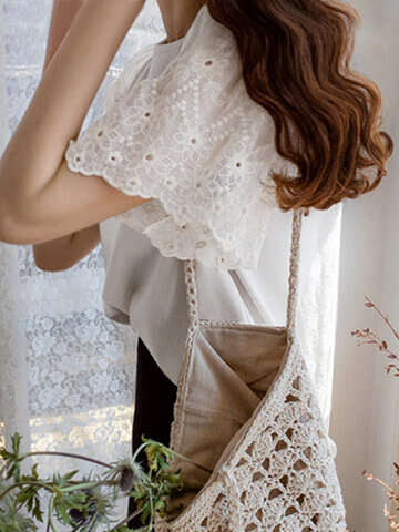 Women Blouses & Shirts | Lace Ruffle Sleeve Crew Neck Solid Casual Blouse - KR35330