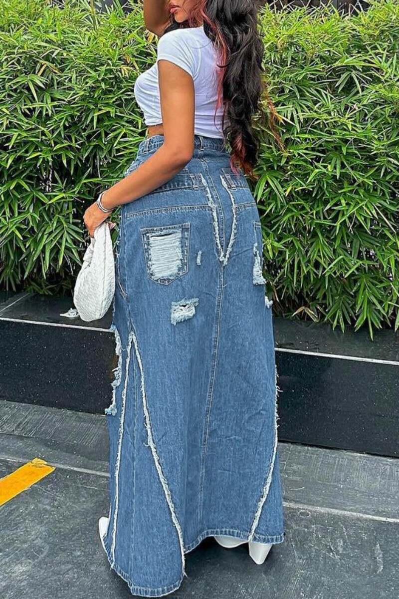 Blue Casual Solid Ripped Patchwork Slit High Waist Regular Denim Skirts