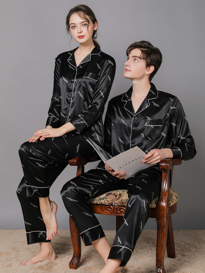 Regular Fit Casual Ice Silk Long Sleeve Couple Pajama Set