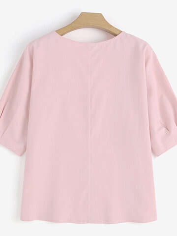 Women Blouses & Shirts | Solid Pleats Puff Sleeve Crew Neck Casual Blouse - QQ32325