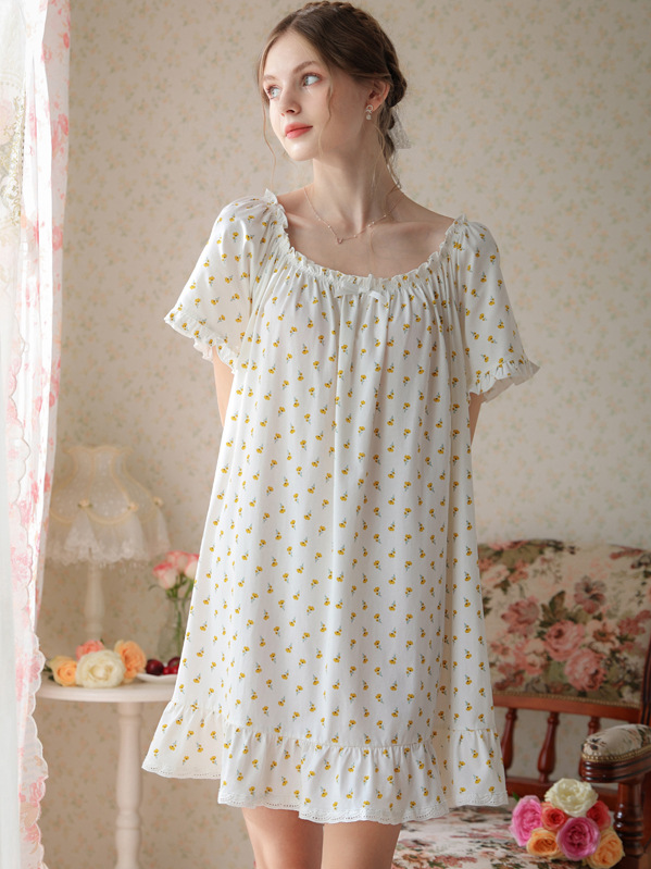 Simple Plain Cotton Floral Others Nightdress