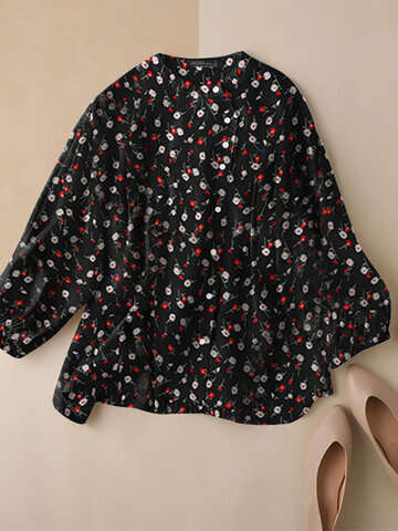 Women Blouses & Shirts | Allover Floral Print Button Long Sleeve Stand Collar Blouse - KG53914