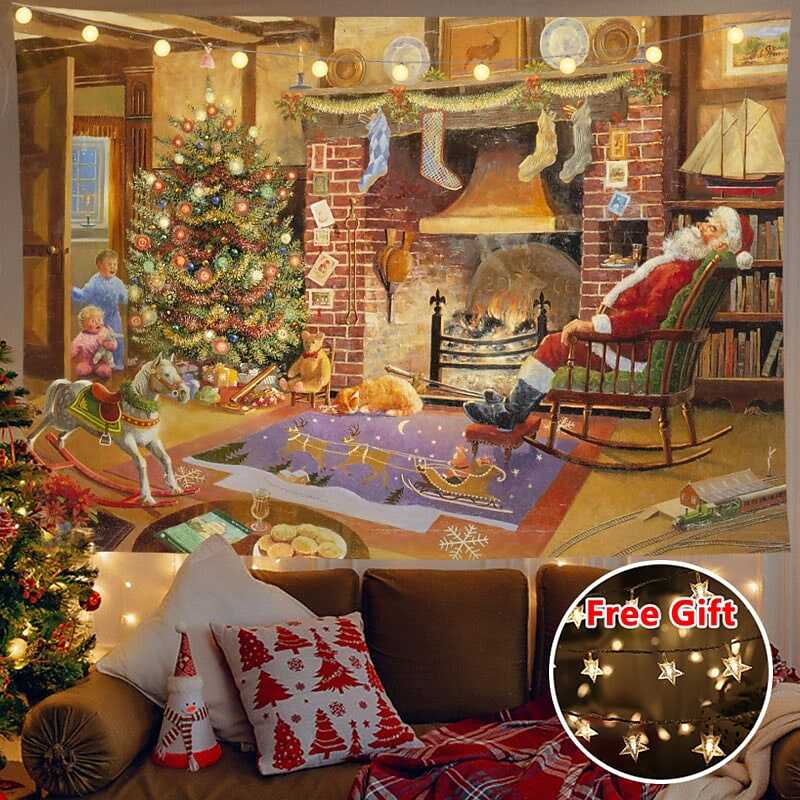 Christmas Decor LED Lights Wall Tapestry Santa Claus Christmas Tree Print