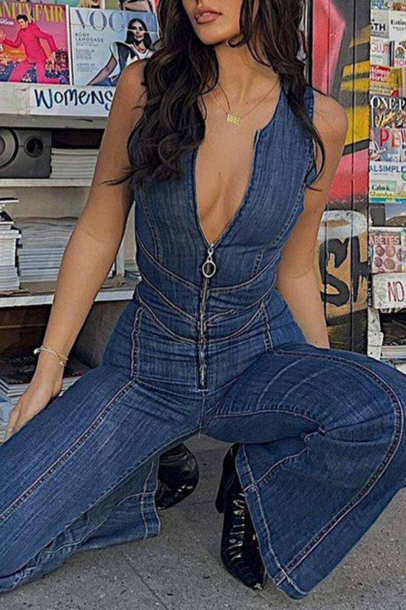 Blue Casual Solid Backless Zipper Collar Sleeveless Skinny Denim Jumpsuits