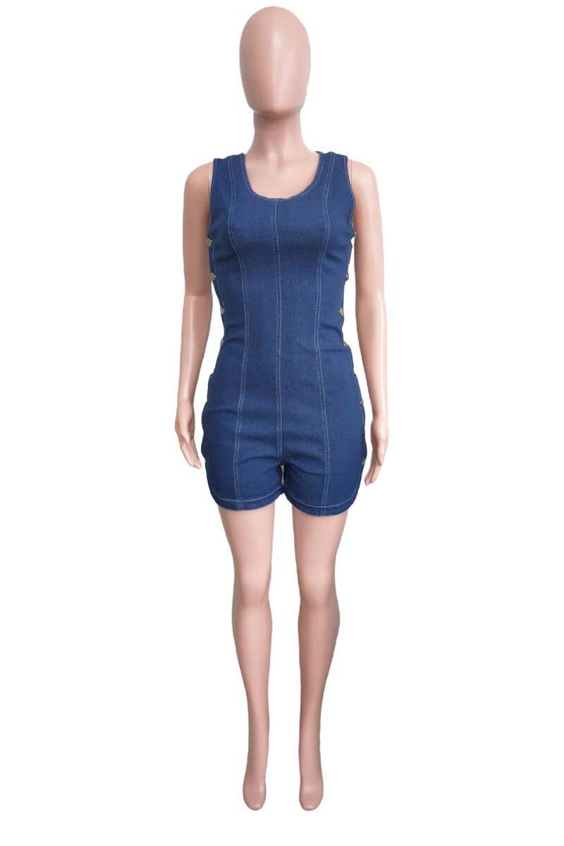 The cowboy blue Casual Solid Buttons U Neck Sleeveless Skinny Denim Romper