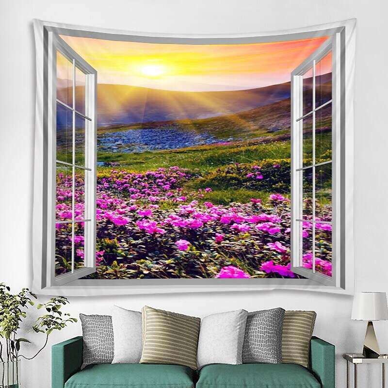 Window Landscape Wall Tapestry Art Decor Forest Flower Field