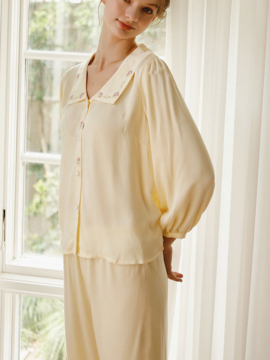 V Neck Elegant Regular Fit Long Sleeve Pajama Set