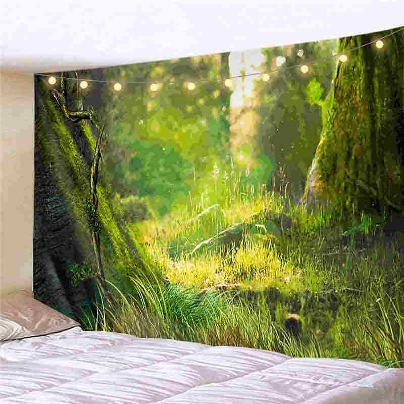 Landscape LED Lights Wall Tapestry Art Decor Forest River Tree Print