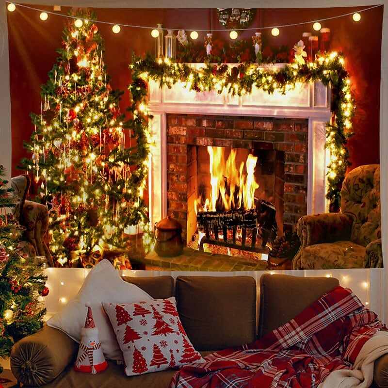 Christmas Decor LED Lights Wall Tapestry Fireplace Christmas Tree Print