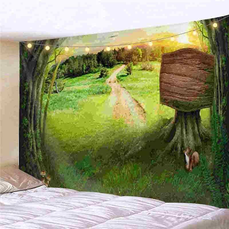 Landscape LED Lights Wall Tapestry Art Decor Forest Tree Print