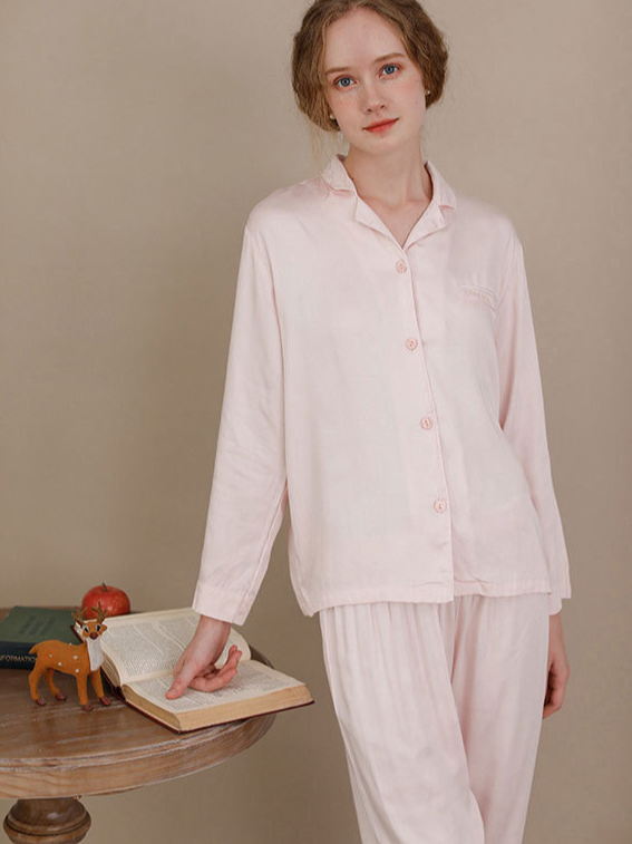 Shawl Collar Plain Elegant Long Sleeve Pajama Set