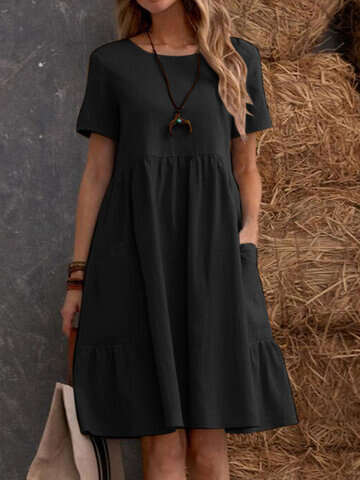 Women Vintage Dresses | Solid Short Sleeve Pocket Crew Neck Vintage Dress - QG25806