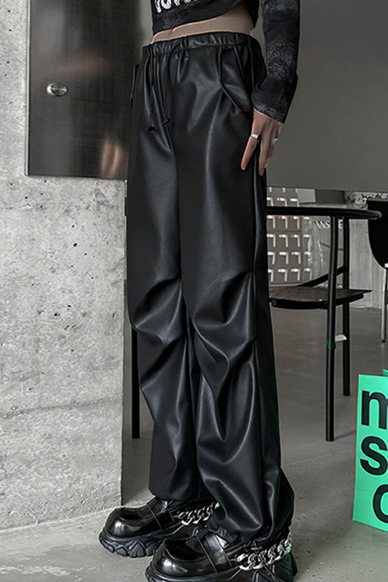 Black Street Solid Patchwork Draw String Pocket Straight Mid Waist Straight Solid Color Bottoms