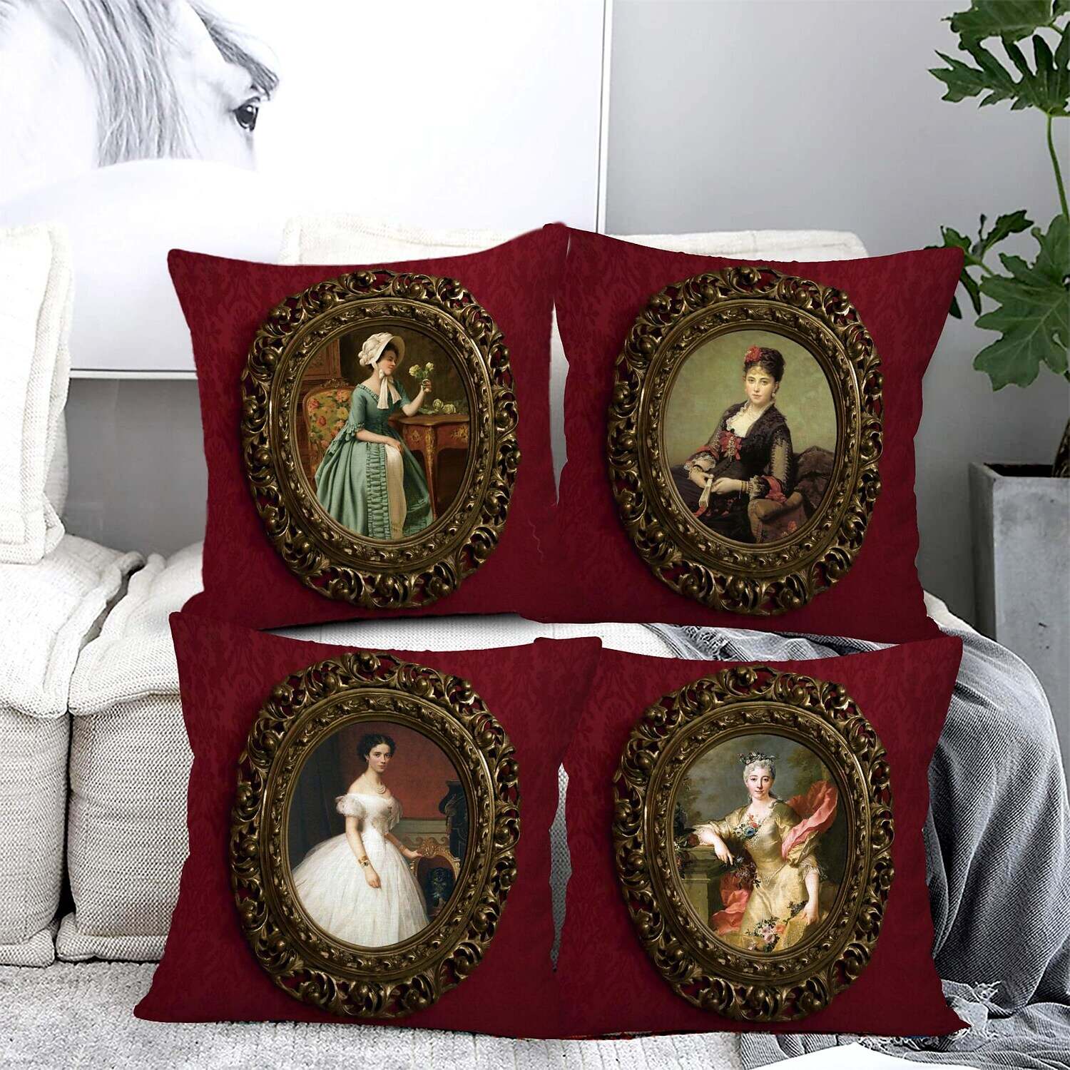 Vintage Portrait Double Side Pillow Cover 4PC Victorian Pillowcase