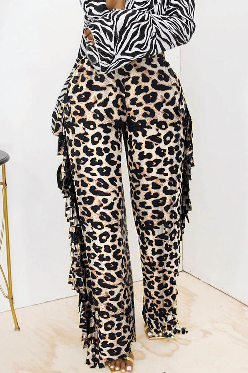 Leopard Print Street Leopard Camouflage Print Tassel Patchwork Straight High Waist Straight Full Print Bottoms