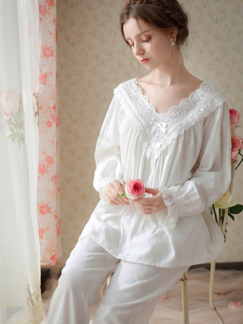 Elegant V Neck Loose Cotton Long Sleeve Pajama Set